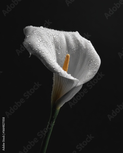 Close-up of a single, elegant white calla lily,  delicate water droplets