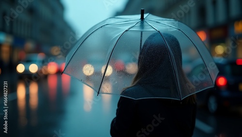 Woman with rain, city, and night.