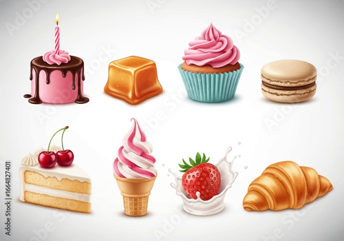 Indulge in sweet delights with cake, cupcake, caramel, ice cream, and croissant vectors for vibrant dessert menus and bakery promotions that capture the joy of delicious confectionery treats