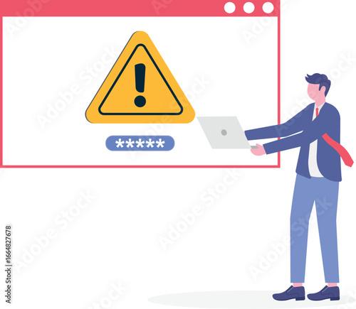 Flat illustration of security expert activating antivirus software on computer with malware blocked warning

