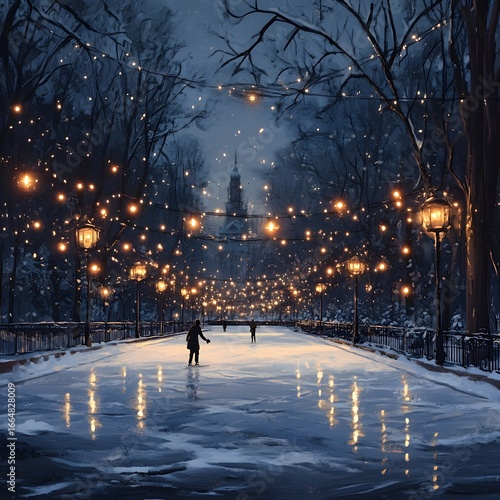 A winter scene with ice skaters and festive lights illuminating a snowy urban park pathway at night