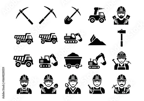 Collection of Mining Industry Icons Featuring Equipment Tools and Workers Engaged in Resource Extraction Operations