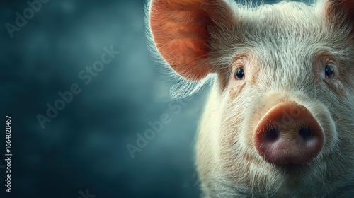 Close-up view of a curious pig in a soft-lit environment showing its expressive features and detail