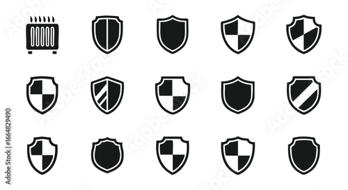 Collection of Shield Vector Icons Representing Safety, Security, and Protection, with an Old-Fashioned Heater Icon Included for a Whimsical Touch