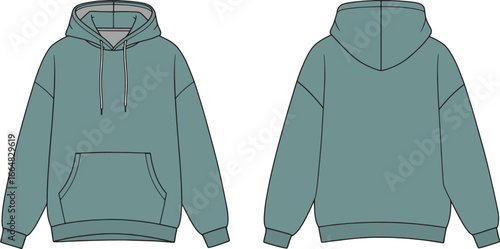 Oversized hoodie vector template, front and back view.
Oversized Hooded Sweatshirt Template — Kangaroo Pocket
Drop‑Shoulder Hoodie CAD with Drawstring, Ribbed Cuffs