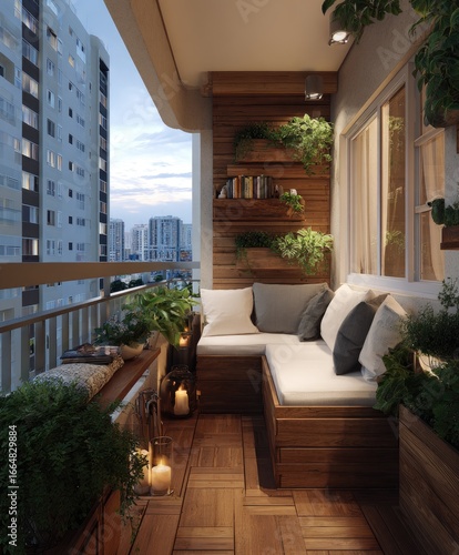 Urban balcony, cozy seating, plants