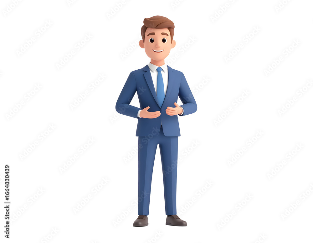 Fototapeta premium A friendly cartoon businessman in a sharp blue suit smiles confidently while gesturing, ideal for professional presentations.