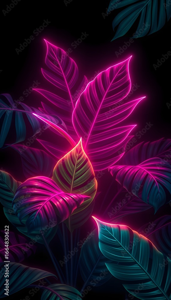 Obraz premium Vibrant neon foliage: Abstract botanical design with vivid pinks and teals