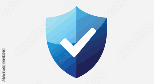 Protective azure shield emblem with validation mark, conceptual security assurance and protection icon, signaling confirmation and safety of data