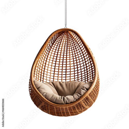 Woven wicker egg-shaped hanging chair isolated on transparent background