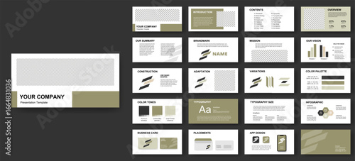 Modern corporate presentation template with branding and infographic slides
