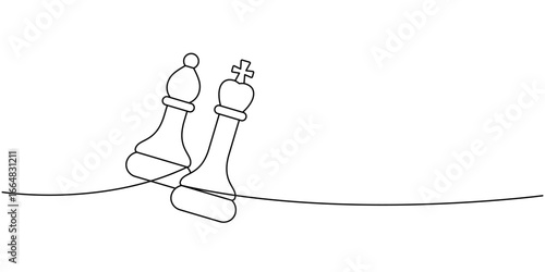 minimalist outline of a chess bishop and king together on a line, simple abstract black line art of unity