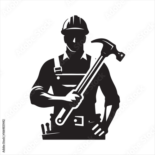Construction worker with helmet vector silhouette outline logo design concept illustration