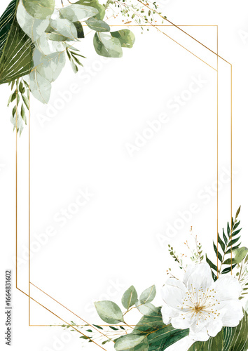 Beautiful gold geometric frame with watercolor white flower and leaf
