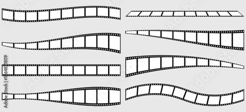 Old movie film long strip set. Retro cinema frame collection in vintage style. Vector illustration of classic photo and video reel elements for media projects.