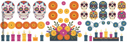 Decorative sugar skulls and marigolds for Day of the Dead – Ideal for Día de Muertos content, party invitations, or cultural branding