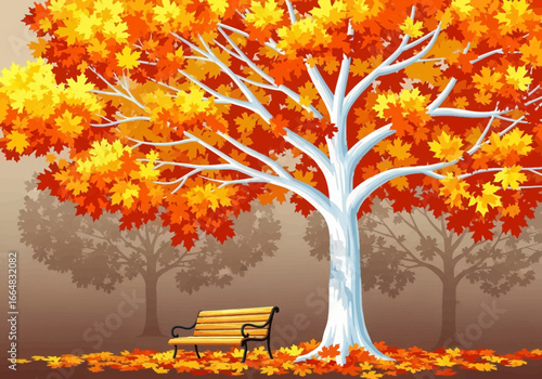 Embrace the Autumnal Charm with Golden Maple Leaves and a Serene Park Bench Scene, Perfect for Seasonal Greetings and Fall Marketing Campaigns, Evoking Warmth and Tranquility