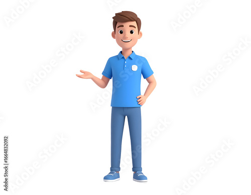 A friendly animated male character in blue attire stands confidently, gesturing with an open hand, ready to explain.