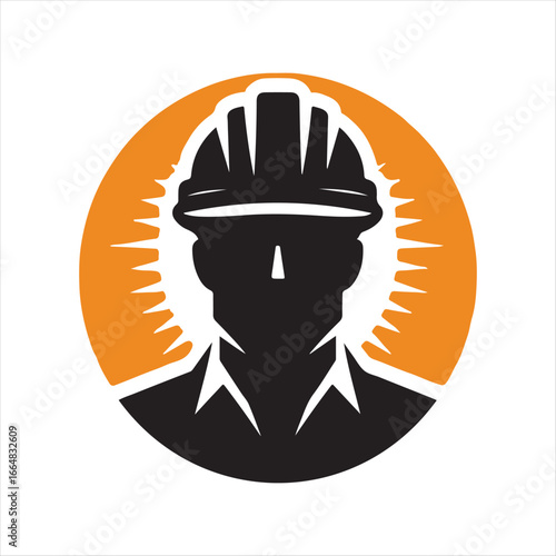 Construction worker with helmet vector silhouette outline logo design concept illustration