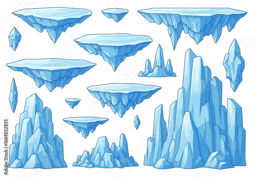 Collection of Floating Ice Islands and Jagged Ice Peaks as a Fantasy Game Asset Set for Digital Art and Design Projects