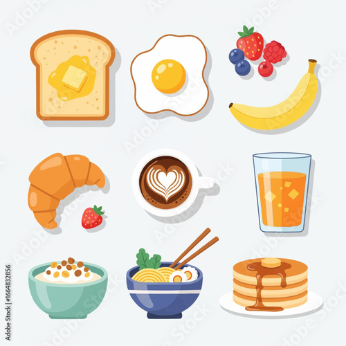 A vibrant flat-design illustration set showcasing a diverse array of popular breakfast and brunch dishes, perfect for a delightful morning meal or healthy start to the day
