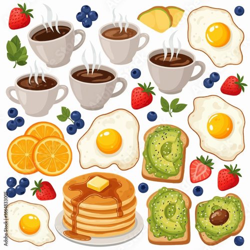 Delicious Breakfast Assortment Coffee, Eggs, Pancakes, Avocado Toast, and Fresh Fruit