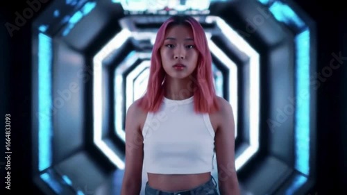 A girl walking in a glowing futuristic cyber tunnel.