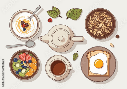 Top-down illustration of a healthy breakfast spread with tea, yogurt, granola, fruit, and toast with a fried egg.