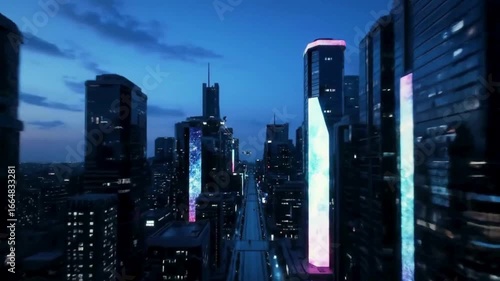 Futuristic skyscrapers glowing with neon lights in the night sky.