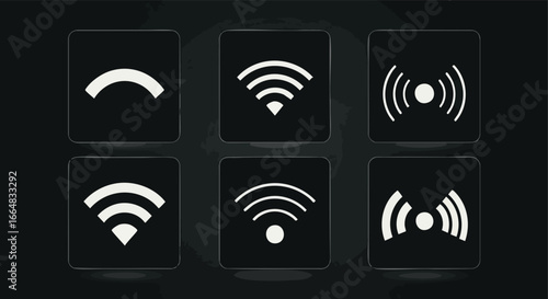 A Variety of Wireless and Communication Symbols Displayed on a Sleek Black Background for Technology and Internet Concepts