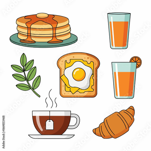 Breakfast foods and beverages Pancakes, orange juice, toast, tea, and croissant set of icons