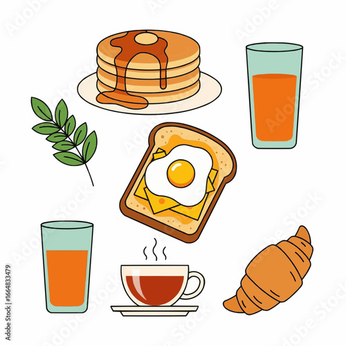 Delicious breakfast spread with pancakes, fried egg toast, croissant, tea, and orange juice, presented in a vibrant, clean illustration