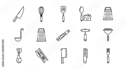 Collection of minimalist line art drawings of kitchen tools and culinary implements showcased in a neat organized composition
