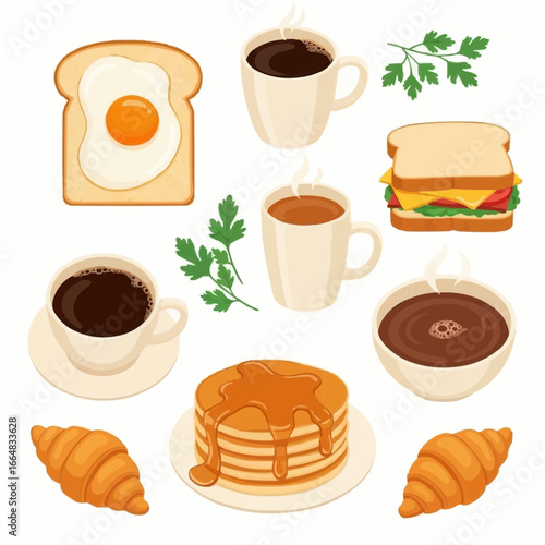 Delicious breakfast spread with coffee, pancakes, toast, croissants, and sandwich on a white background