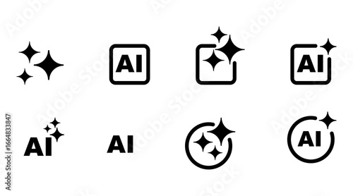 Set of AI generate icons. Square symbols with AI sparkle stars. Vector illustration representing artificial intelligence, machine learning, app design, and web technology.