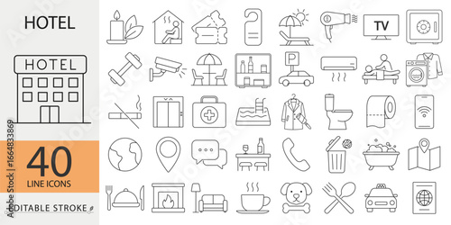 Hotel icons set with editable stroke. Vector outline collection of 40 symbols including building, wifi, minibar, pool, lounge, terrace, pets allowed, safe, taxi, passport, restaurant