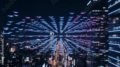 Streams of glowing digital particles spreading across futuristic city background.