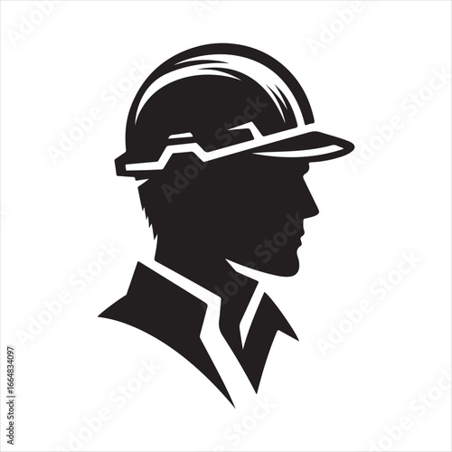 Construction worker with helmet vector silhouette outline logo design concept illustration