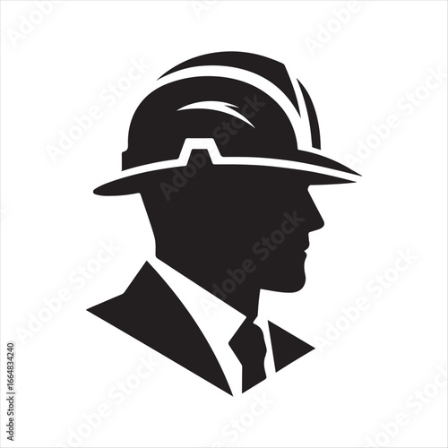 Construction worker with helmet vector silhouette outline logo design concept illustration