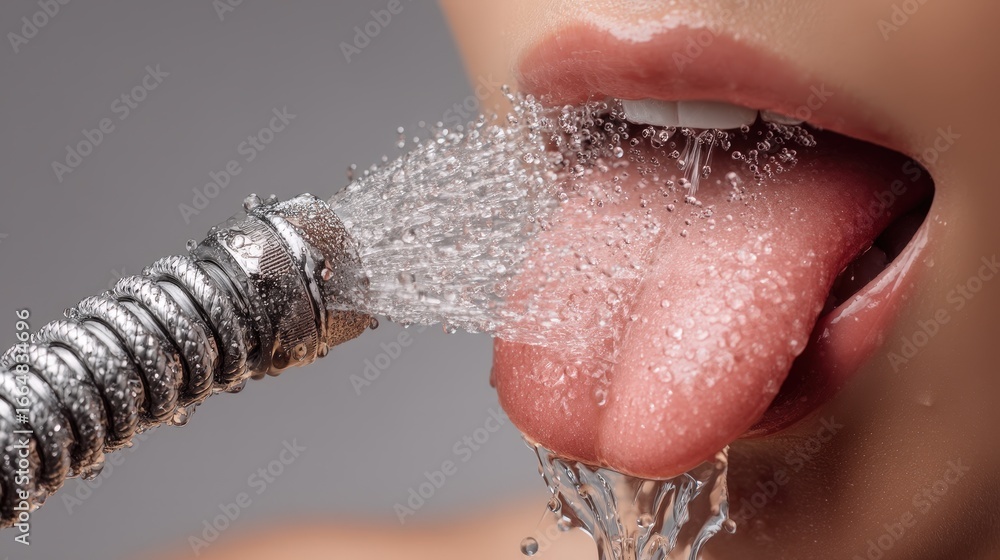 Fototapeta premium Water streams from a hose into an open mouth in a creative artistic shot
