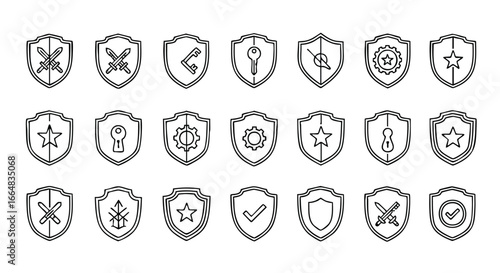 Diverse shield icon set presenting protection, security, and authorization features in a modern outline style suitable for user interface design