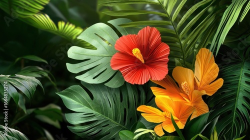 Vibrant Tropical Flowers Surrounded by Lush Green Leaves