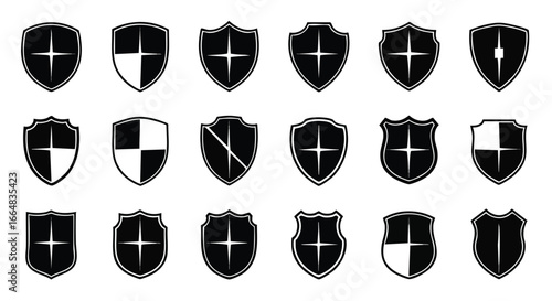 Array of Vector Shield Icons with Intricate Patterns for Digital Security and Brand Identity purposes, a collection of heraldic shield designs