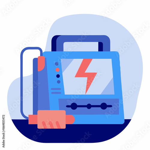 Defibrillator with bolt in blue and pink flat design style  