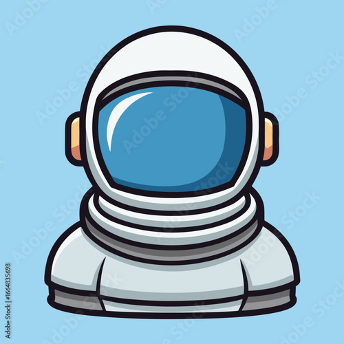 Cartoon astronaut helmet and shoulders with blue visor and light blue background space suit