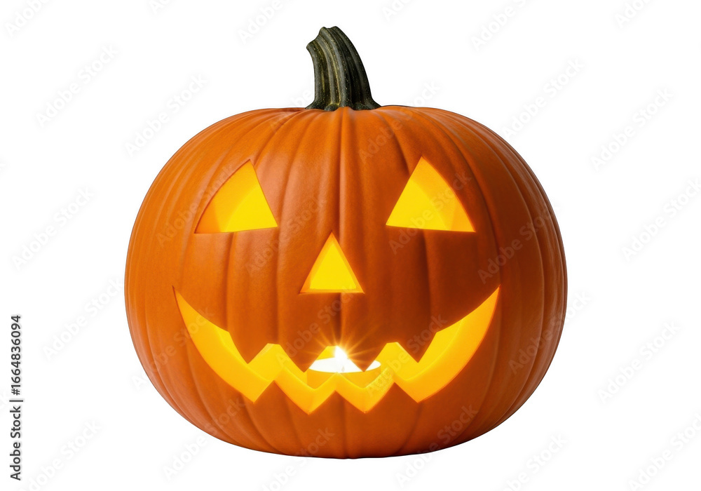 Fototapeta premium Carved halloween pumpkin with glowing face isolated on transparent background
