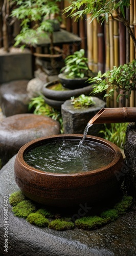 Water flows from a copper spout into a dark wooden basin in a serene Japanese garden. Lush greenery and stone surrounds