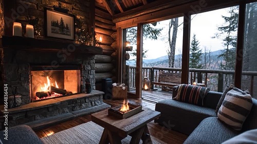 Wallpaper Mural Cozy Log Cabin Interior At Night With Stone Fireplace Candles And Mountain View From Large Window Warm Rustic Living Room Torontodigital.ca