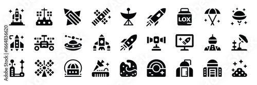 Black Space Exploration Icon Set – Minimalist Astronautics and Cosmic Technology Symbols for Digital Design