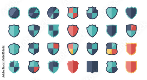 Assorted shields emblem icons set, representing security, safety, protection, and defense in various shapes and color combinations conveying
